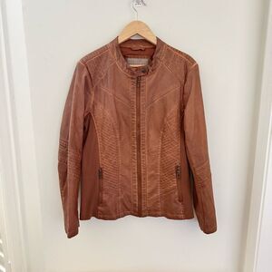 Valerie Stevens Faux Leather Jacket Brown Moto Pleather Vegan L